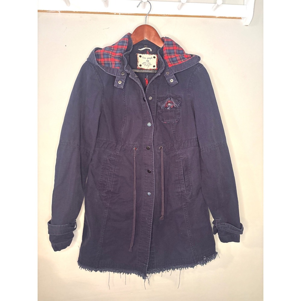 Free‎ People Navy Blue Cotton Utility Jacket Plaid Hooded Distressed Hem Size 10